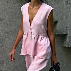 Metal Button Sleeveless Pants Set (Size Small) (New)